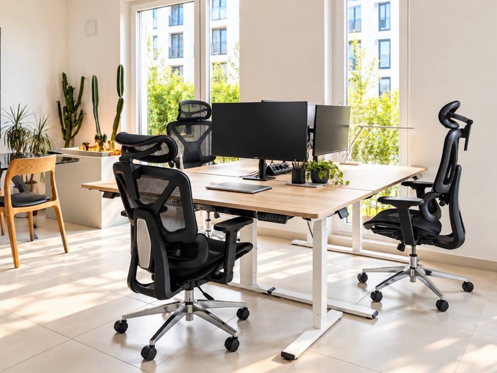 Zwei aneinandergestellte Schreibtische mit heller Holzplatte und weißem Gestell, darauf Monitore, ein Laptop und eine Pflanze, dazu drei schwarze Bürostühle mit Kopfstütze; links ein Tisch mit Holzstuhl vor Kakteen, dahinter große Fenster mit Blick ins Grüne.